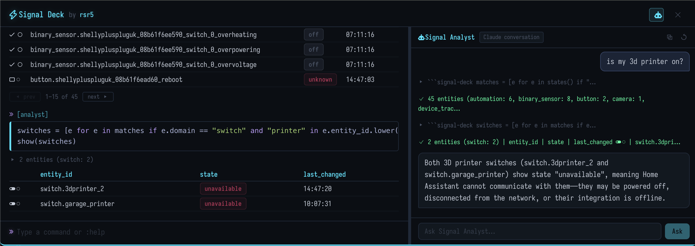 Signal Deck — AI Signal Analyst conversation